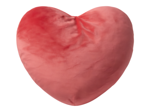 A soft plush heart shaped pillow with a gentle gradient of pink and red colors isolated on transparent background
