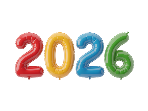 Colorful inflatable balloons spelling out the year 2026 isolated on transparent background - Powered by Adobe