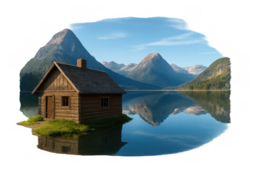 Log cabin on a small island surrounded by clear water reflecting mountains and sky, representing solitude and nature