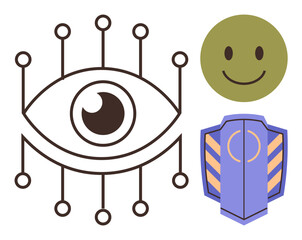 Eye with digital circuit nodes, shield with stripes, green smiling face. Ideal for technology, AI, cybersecurity, privacy, trust protection data concepts. Flat and simple metaphor