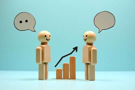 Two wooden figurines stand beside a rising bar graph, symbolizing collaboration and growth in business or communication  one with an empty speech bubble (listening), the other with filled bubbles (spe