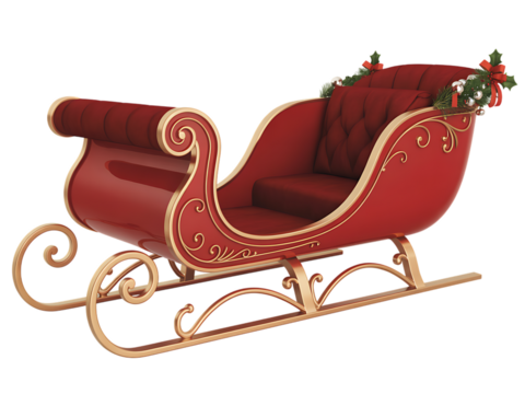 Ornate red and gold santa claus sleigh decorated with festive greenery and berries isolated on transparent background