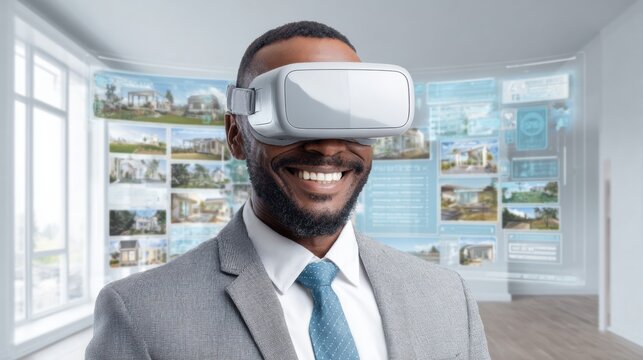 Man Experiencing Virtual Reality in an Innovative Office Space Showcasing Various Real Estate Listings and Designs