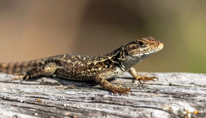 Small lizard basks on weathered wood