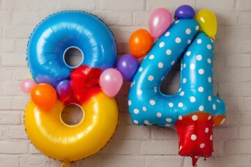 Colorful Birthday Balloons Forming Numbers Eight and Four on Wall