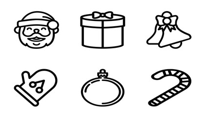 Christmas line icons set with Santa face, gift box, bells, mitten, ornament, and candy cane outline design for holiday, winter, and New Year illustration projects.