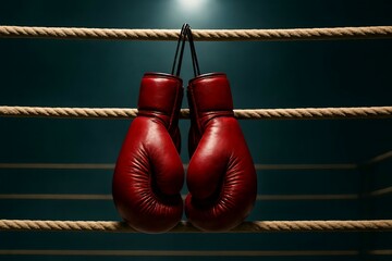 Red boxing gloves hang ready for a woman's sport fight or fitness training on a rustic wooden background