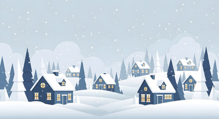 Fototapeta premium Cozy winter village scene with houses nestled in snowy hills under a gentle snowfall at twilight