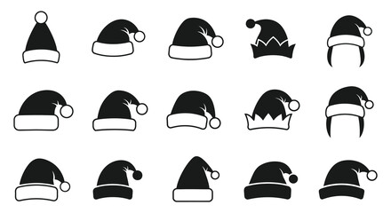 Collection of black and white silhouette christmas santa hats and elf hats for holiday design