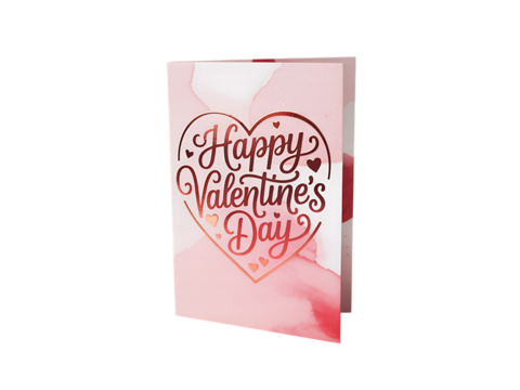 A pink greeting card with a heart shape and the text happy valentine s day in decorative font isolated on transparent background