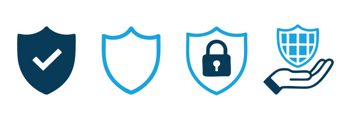 Security and Protection Icons Set, Cyber Security Shield and Protection Icons, Vector Icons for Safety, Checkmark, and Padlock on Shields, vector, illustration.