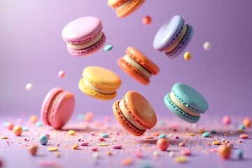 Obraz premium A whimsical, dreamy scene of colorful macarons floating mid-air against a soft purple backdrop, surrounded by confetti and sprinklesperfectly sweet and visually enchanting.