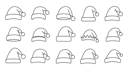 Collection of hand drawn festive santa hats in various styles and designs for christmas celebrations