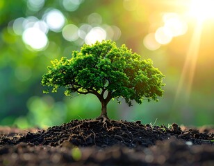 Small tree thriving in rich soil, bathed in golden sunlight