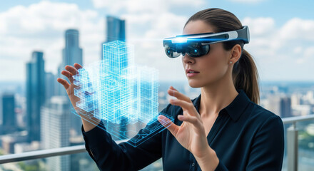 Woman wearing augmented reality headset interacts with virtual cityscape hologram, futuristic technology, urban planning, innovation, digital interface, modern city background, immersive experience