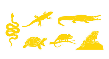Vibrant yellow reptiles set, perfect for a modern design project or educational content featuring snake, lizard, alligator, turtle, chameleon, and iguana