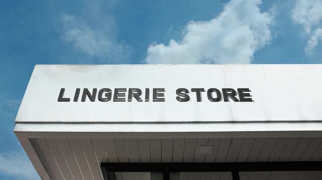 Lingerie Store word sign displayed on building facade under clear blue sky, representing retail apparel, intimate wear sales, and a focus on specialized undergarments and sleepwear.