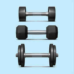 Three different types of dumbbells arranged vertically on a light blue background showcasing fitness equipment for strength training and exercise routines at the gym or home workout