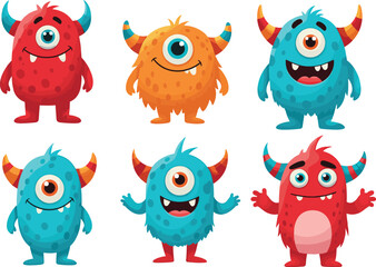 Cartoon cute monsters, colorful fantasy creatures, funny kids illustration, playful characters, happy expressions, children design, fantasy artwork, vector drawing