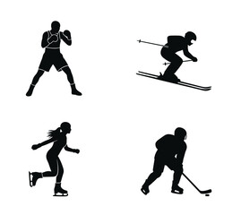Dynamic winter and combat sports silhouettes showcasing boxing, skiing, ice skating, and hockey for action and fitness promotions