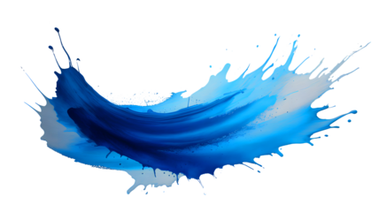 Dynamic blue and white paint splash frozen in motion creating a wave like shape isolated on transparent background