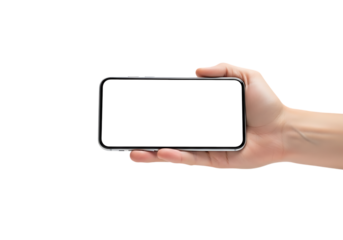 Hand holding a smartphone horizontally isolated on transparent background