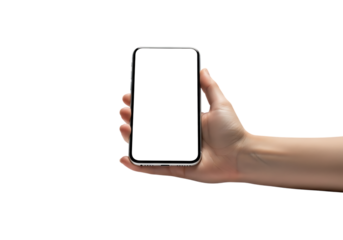 Hand holding a smartphone with a blank screen isolated on transparent background