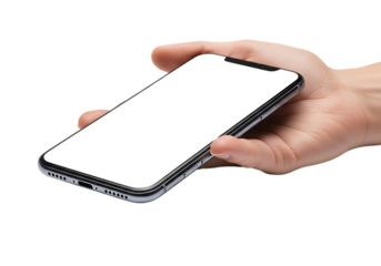 Hand holding a smartphone tilted on transparent background