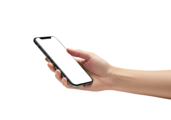 Hand holding a smartphone at an angle isolated on transparent background