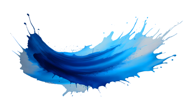 Dynamic blue and white paint splash frozen in motion creating a wave like shape isolated on transparent background