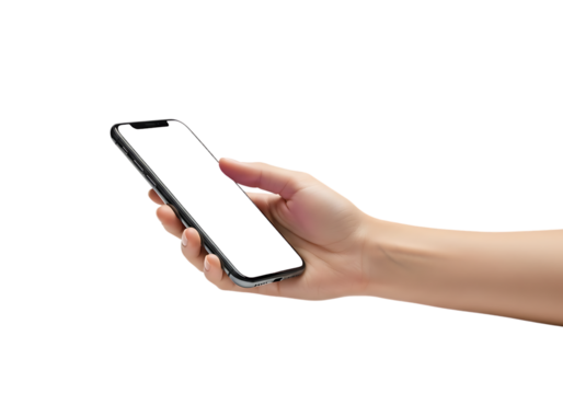 Hand holding a smartphone at an angle isolated on transparent background - Powered by Adobe