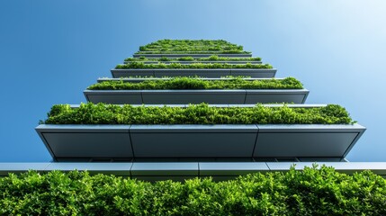 Sustainability environment policy concept. Modern green building with vertical gardens reaching toward a clear sky.