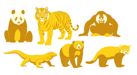 Vibrant collection of stylized jungle animals including a tiger, panda, orangutan, bear, red panda, and lizard in a striking golden palette
