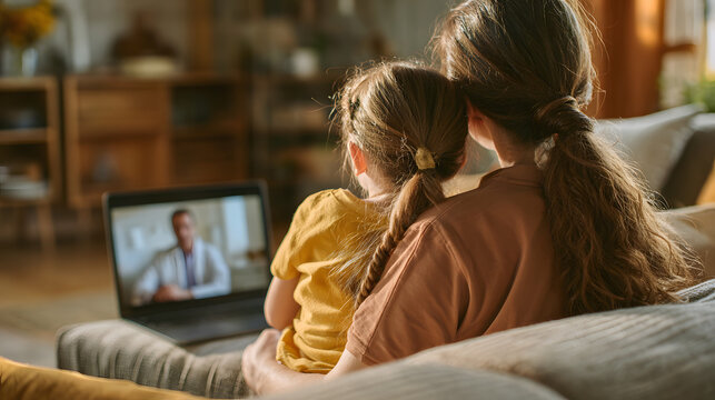 A mother and daughter sit on a couch and video chat with a doctor via laptop in the living room. Background illustration of an online consultation with a doctor.