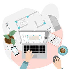 Flat vector of architect or engineer designing floor plan on laptop. Modern workspace with coffee and smartphone, representing creativity and digital design process.