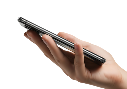 Side view of hand holding a smartphone isolated on transparent background