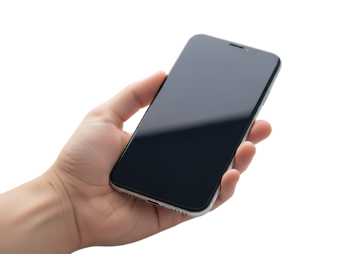 Hand holding a black smartphone isolated on transparent background