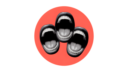 Three open mouths with visible teeth and tongues arranged in a cluster on a red oval shape isolated on transparent background