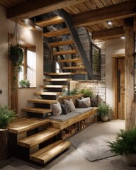 Modern Wooden Staircase with Seating Area