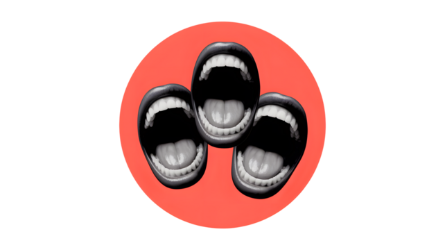 Three open mouths with visible teeth and tongues arranged in a cluster on a red oval shape isolated on transparent background