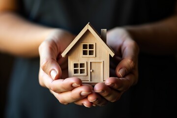 A pair of hands gently cradles a miniature wooden house, symbolizing care, protection, and the value of home ownership or real estate investment.