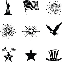 Fototapeta premium Black and white patriotic icons including statue of liberty flag fireworks and eagle silhouette