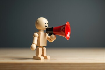 A wooden figurine holds a red and black megaphone, symbolizing communication or announcement  standing on a light wood surface against a dark background.