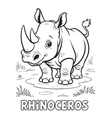 Hand drawn cheerful rhinoceros stands happily in black and white outline style, kids, coloring page,  book , printable, easy, coloring, pages,