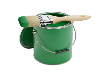 A green paint can with a brush, isolated on white or transparent background. PNG