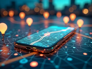 A futuristic smartphone displays a glowing map, surrounded by illuminated location pins and interconnected digital pathwayssymbolizing smart navigation or AI-driven connectivity in the modern world.