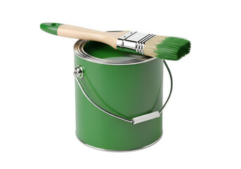 A green paint can with a brush, isolated on white or transparent background. PNG