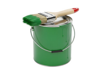 A green paint can with a brush, isolated on white or transparent background. PNG