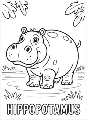 Smiling cartoon hippopotamus stands in the water near grass and leaves, ready to be colored, kids, coloring page,  book , printable, easy, coloring, pages,