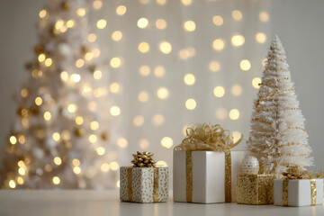 Elegant Christmas gifts and tree arrangement in a festive, warm setting.